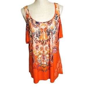 DEMOCRACY | Women's orange paisley floral print cold-shoulder blouse. Size small